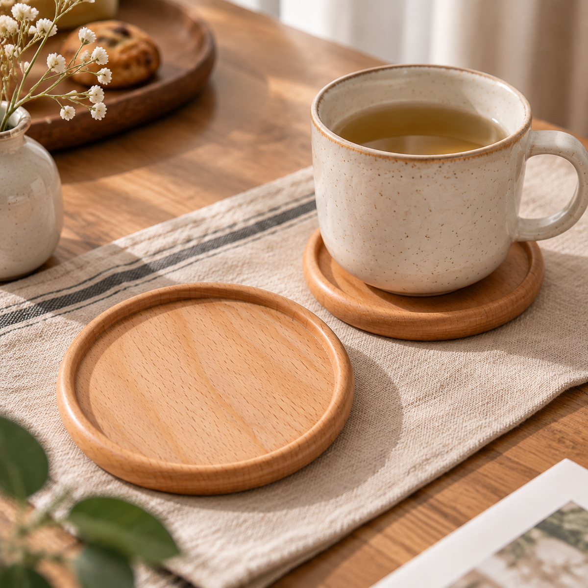 Beech Wood Round Recessed Coaster