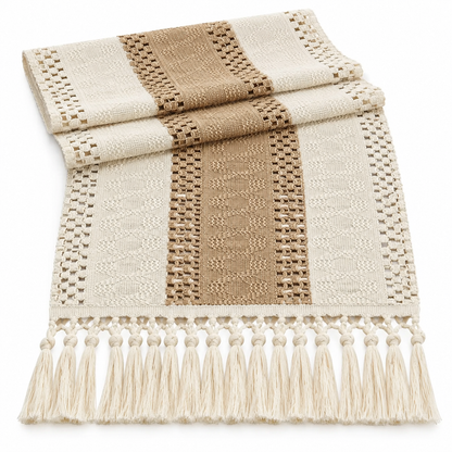 Brown Hollow Stripe Table Runner with Knotted Tassels