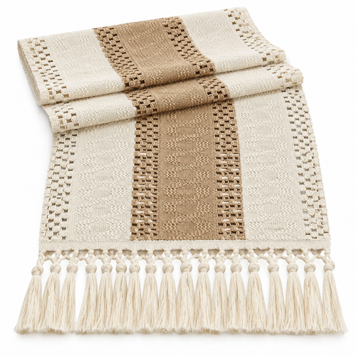 Brown Hollow Stripe Table Runner with Knotted Tassels