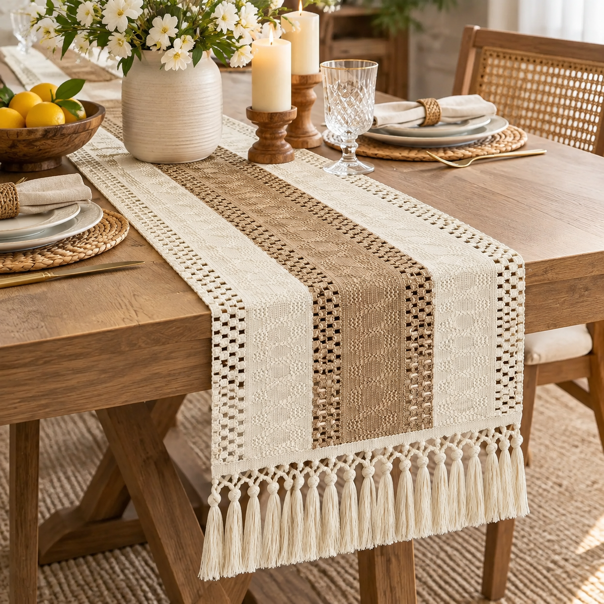 Brown Hollow Stripe Table Runner with Knotted Tassels