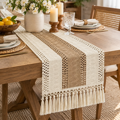 Brown Hollow Stripe Table Runner with Knotted Tassels