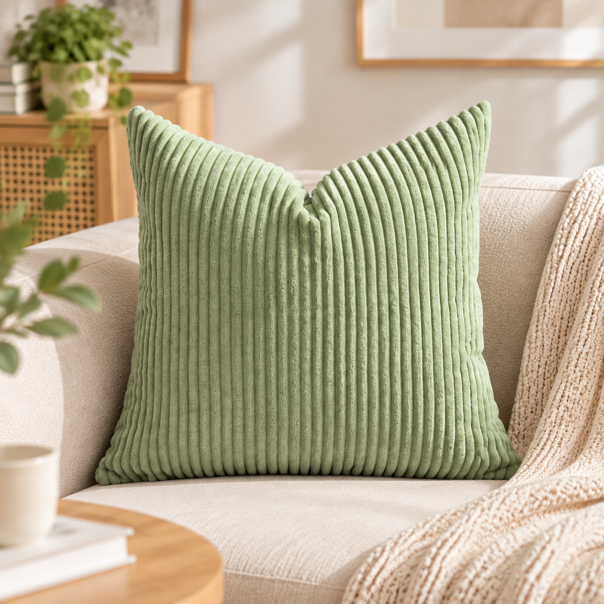 Light Green Corn Stripe Corduroy Pillow Cover