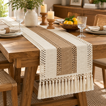 Brown Hollow Stripe Table Runner with Knotted Tassels