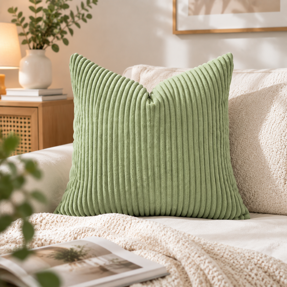 Light Green Corn Stripe Corduroy Pillow Cover